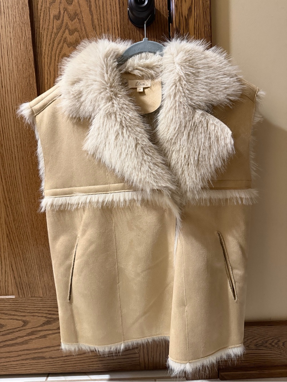 Elan Beige Faux Shearling Vest with Plush Fur Collar